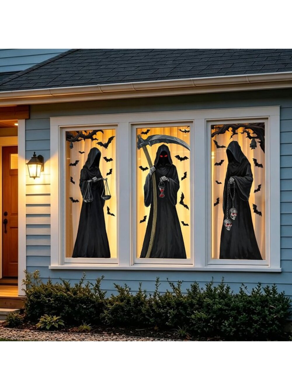 Halloween 3 PCS Large Window Cling Black Grim Reaper Bats Decals Stickers Decor